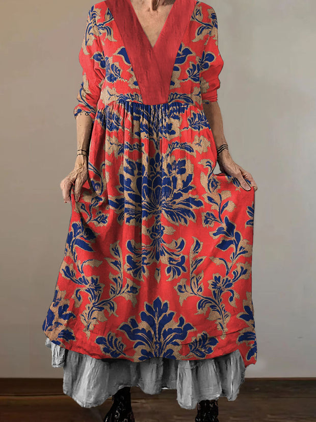 Women`s Classic Hippie Floral Print Cotton V-neck Midi Dress