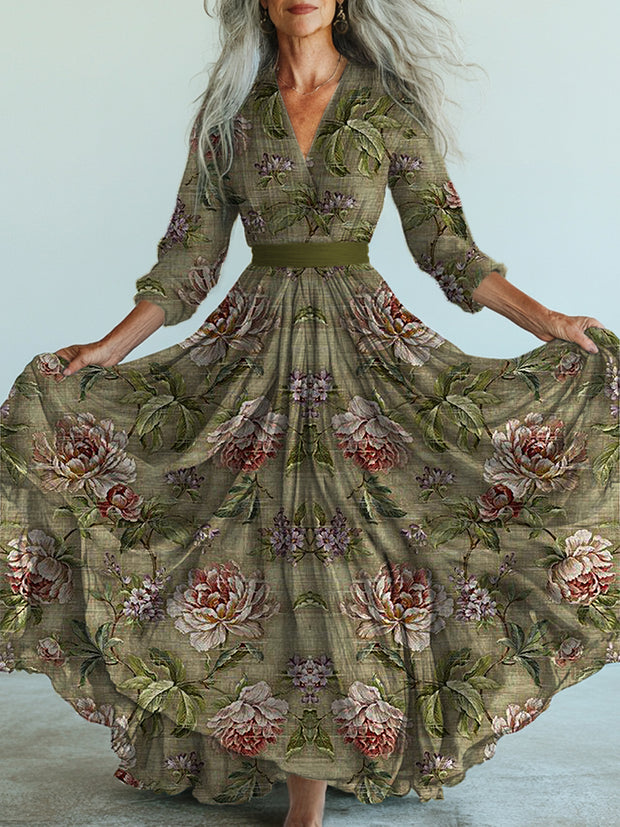 Retro Boho Floral Art Printed Vintage V-Neck Long Sleeves Midi Dress