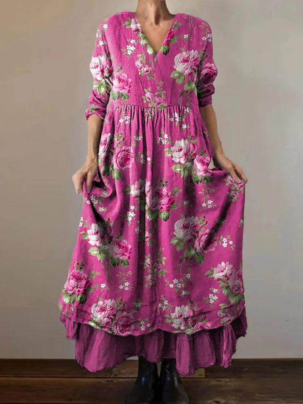 Retro Boho Floral Print Vintage V-Neck Double Hemline Cotton Long Sleeve Midi Dress