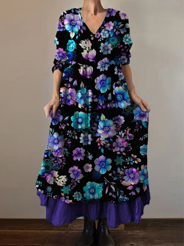 Retro Boho Floral Print Vintage V-Neck Double Hemline Cotton Long Sleeve Midi Dress