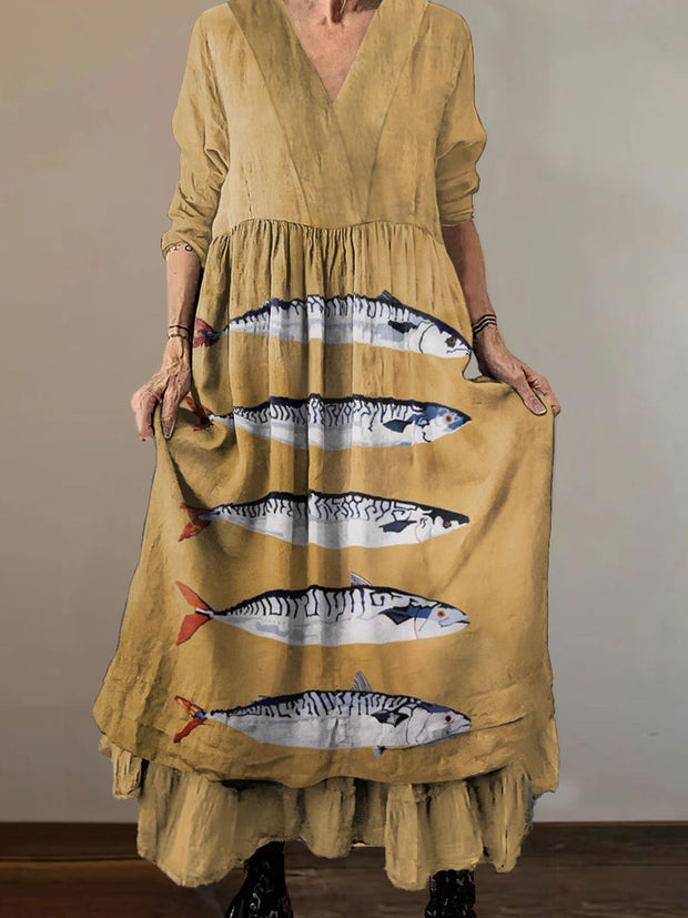 Women`s Vintage Saury Art Print Cotton V-neck Midi Dress