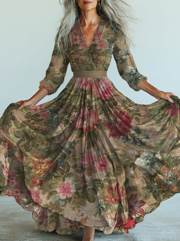 Retro Boho Floral Art Printed Vintage V-Neck Long Sleeves Midi Dress