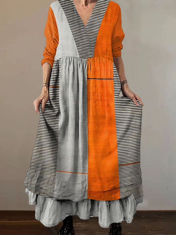 Women`s Vintage Color Block Print Cotton V-neck Midi Dress