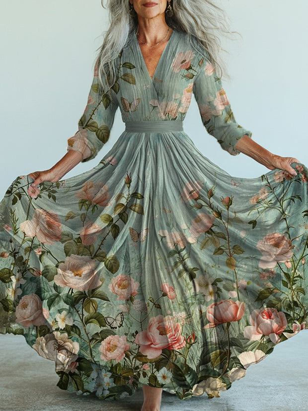 Retro Boho Floral Art Printed Vintage V-Neck Long Sleeves Midi Dress