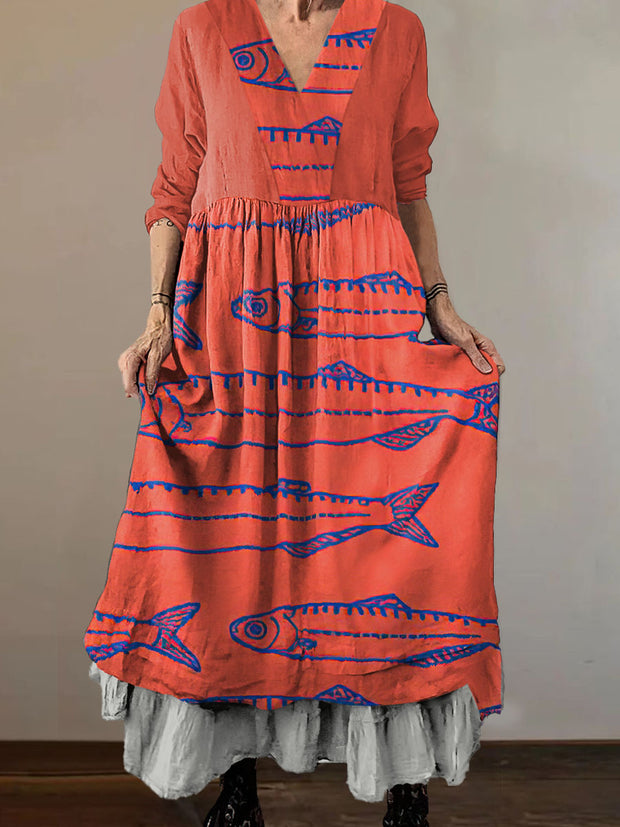 Women`s Vintage Hairtail Art Print Cotton V-neck Midi Dress