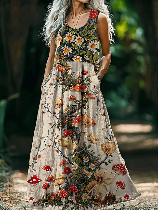 Vintage Round Neck Bohemian Ethnic Art Print Elegant Chic Sleeveless Loose Midi Dress