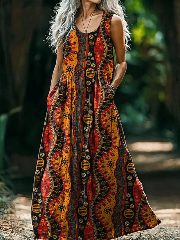 Vintage Round Neck Bohemian Ethnic Art Print Elegant Chic Sleeveless Loose Midi Dress