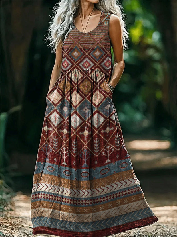 Vintage Round Neck Bohemian Ethnic Art Print Elegant Chic Sleeveless Loose Midi Dress