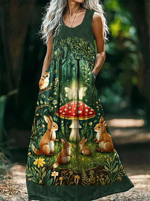 Vintage Round Neck Bohemian Ethnic Mushroom Print Elegant Chic Sleeveless Loose Midi Dress