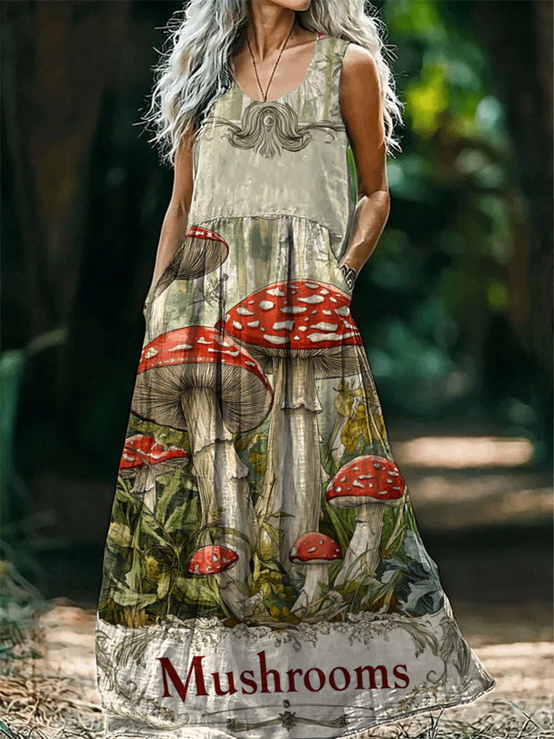 Vintage Round Neck Bohemian Ethnic Mushroom Print Elegant Chic Sleeveless Loose Midi Dress