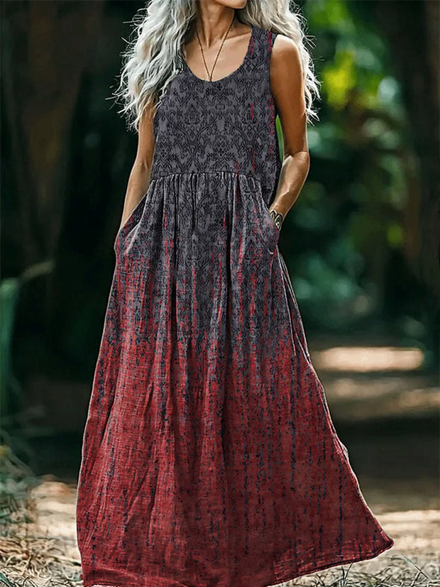 Vintage Round Neck Bohemian Ethnic Art Print Elegant Chic Sleeveless Loose Midi Dress