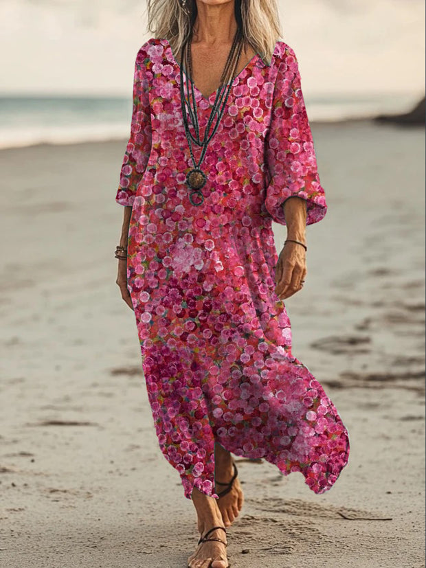 Vintage V-neck Bohemian Floral Print Elegant Chic Loose Midi Dress