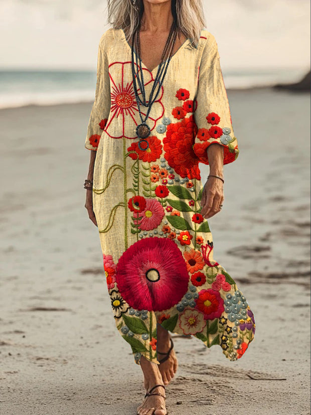 Vintage V-neck Bohemian Floral Print Elegant Chic Loose Midi Dress