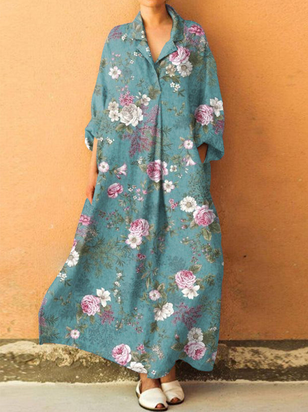 Vintage Floral Art Print V Neck Pocket Dress