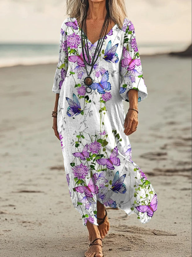 Vintage V-neck Bohemian Floral Print Elegant Chic Loose Midi Dress