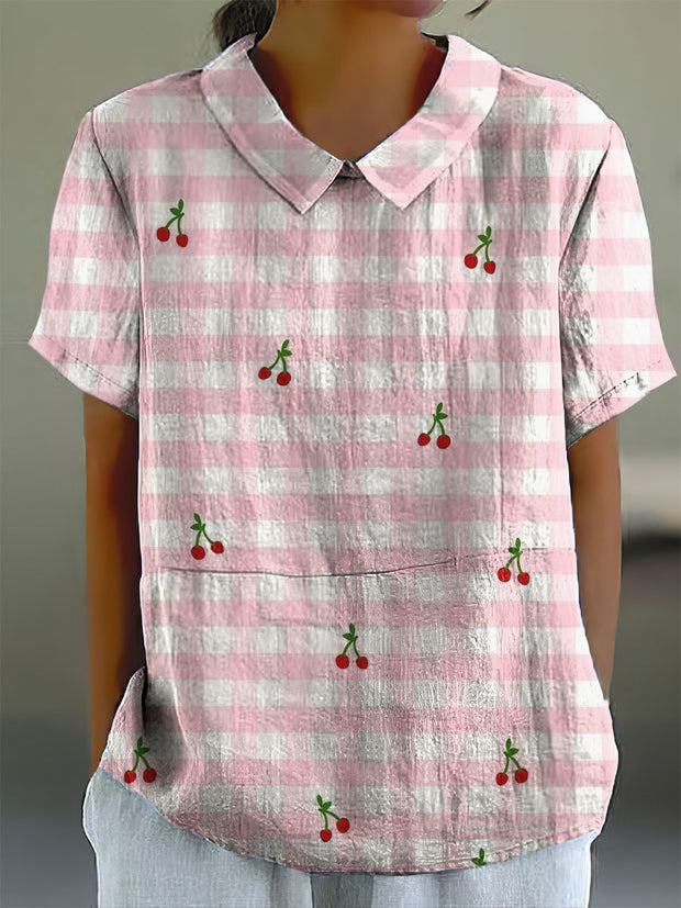 Women's Vintage Cherry Print Doll Collar Cotton Casual Shirt