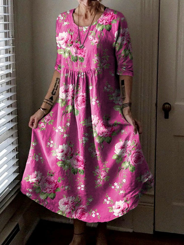 Vintage Round Neck Bohemian Floral Print Elegant Chic Loose Midi Dress