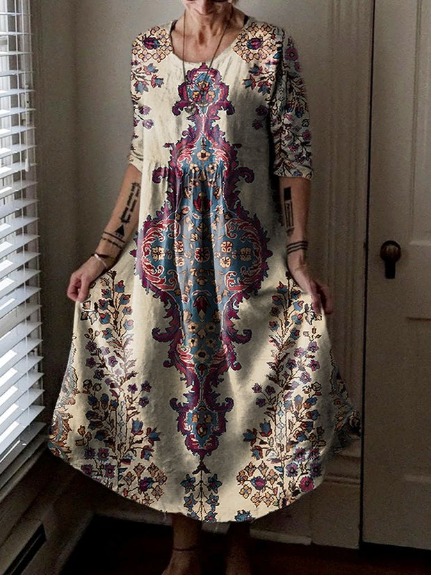 Vintage Round Neck Bohemian Floral Print Elegant Chic Loose Midi Dress