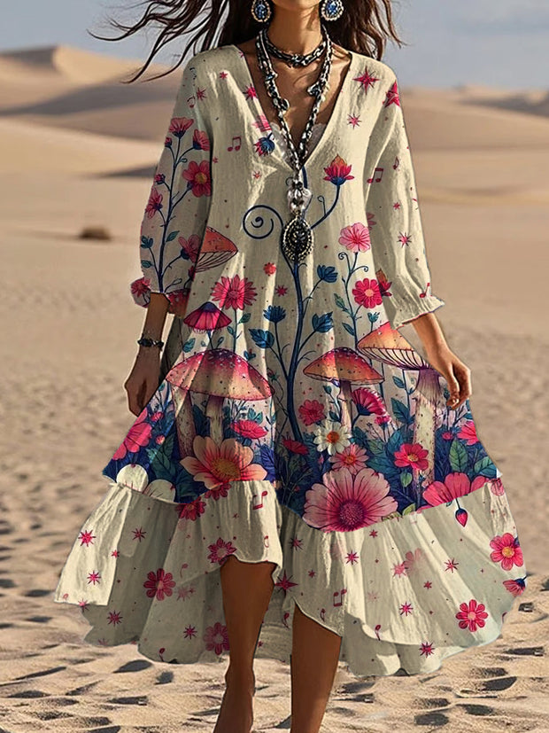 Vintage Bohemian V-Shaped Floral Art Print Casual Elegant Fashion Double Dress