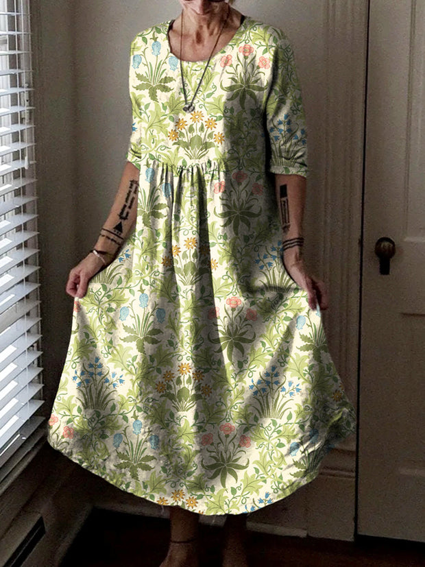 Vintage Round Neck Bohemian Floral Print Elegant Chic Loose Midi Dress