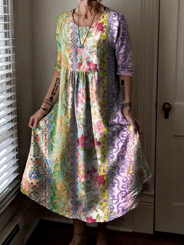 Vintage Round Neck Bohemian Floral Print Elegant Chic Loose Midi Dress