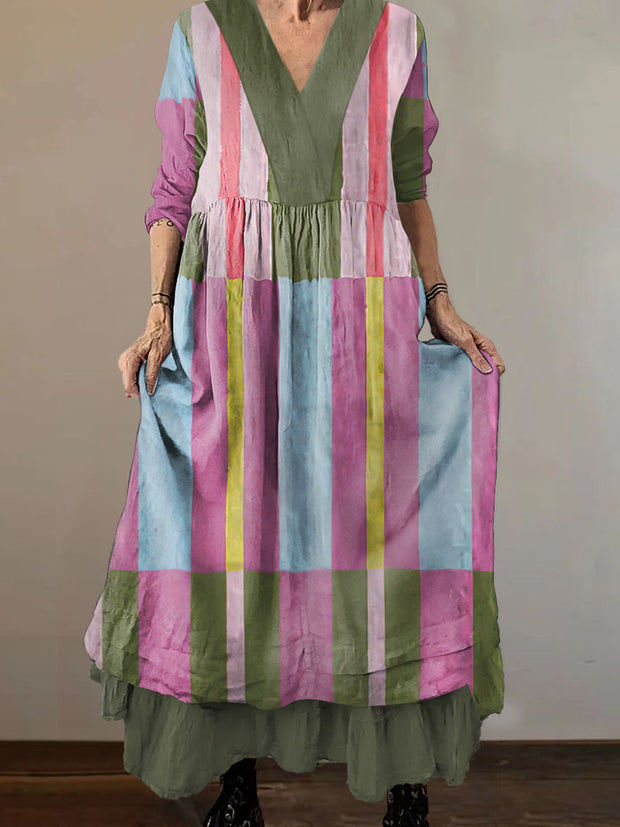 Women`s Vintage Color Stripes Art Print Cotton V-neck Midi Dress