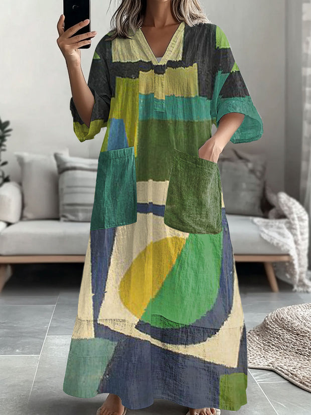 Women's Geometric Color Contrast Print Casual V-Neck Midi Sleeve Midi Dress