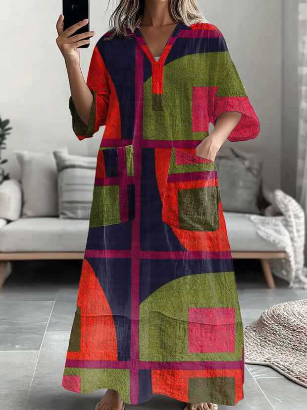 Women's Retro Geometric Pattern Print Casual V-Neck Midi Sleeve Midi Dress