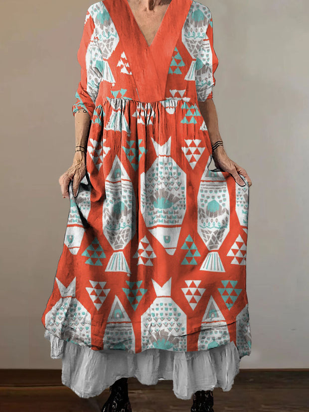 Women`s Boho Style Abstract Fish Print Cotton and Linen V-neck Midi Dress