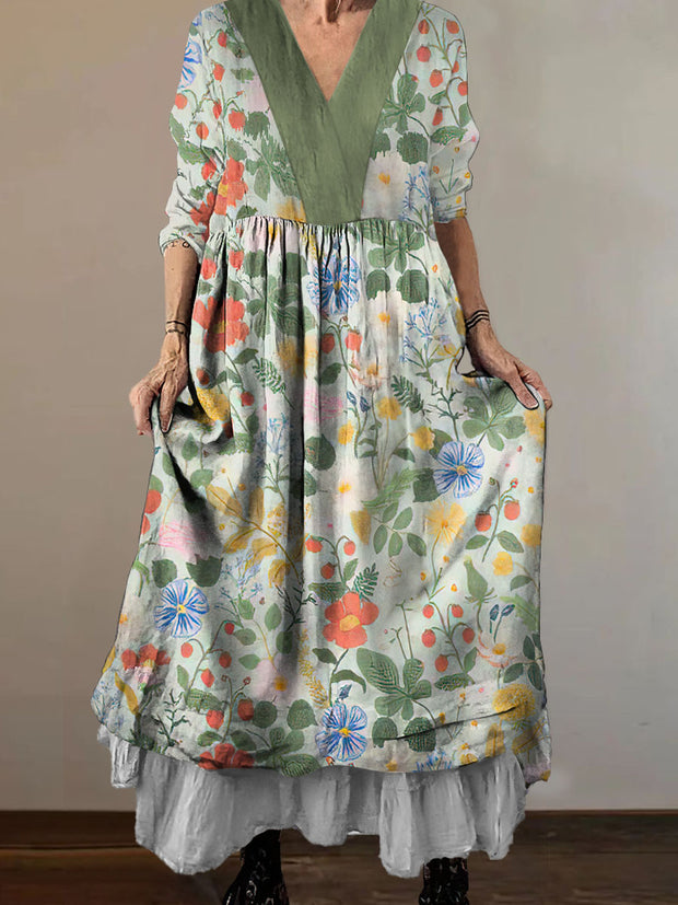 Women`s Abstract Hippie Floral Print Cotton and Linen V-neck Midi Dress