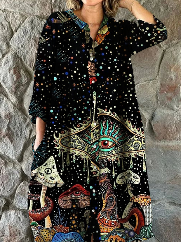 Vintage Bohemian Mushroom  Floral Art Print Chic V Neck Three Quarter Sleeve Button Elegant Midi Dress