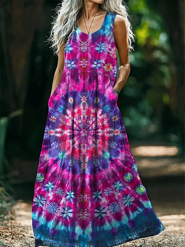 Vintage Round Neck Bohemian Ethnic Floral Print Elegant Chic Sleeveless Loose Midi Dress