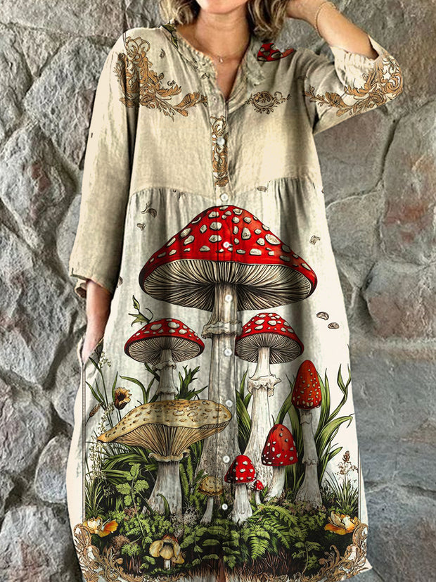 Vintage Bohemian Mushroom Floral Art Print Chic V Neck Three Quarter Sleeve Button Elegant Midi Dress