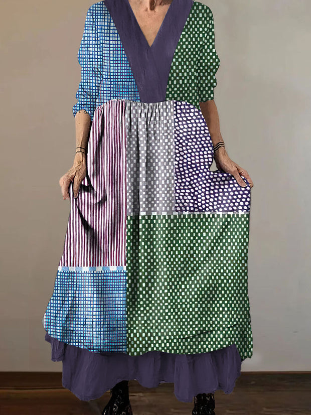 Women`s Hippie Polka Dots Print Cotton and Linen V-neck Midi Dress