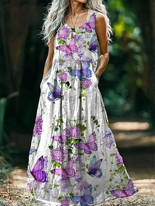 Vintage Round Neck Bohemian Ethnic Butterfly Floral Print Elegant Chic Sleeveless Loose Midi Dress