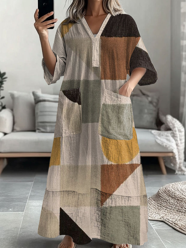 Women's Vintage Color Block Print Casual V-Neck Midi Sleeve Midi Dress