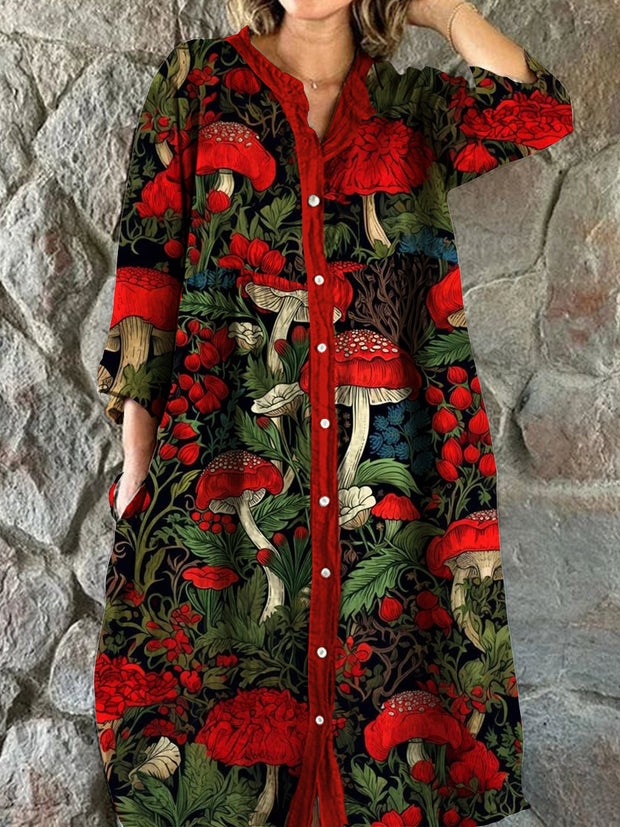 Vintage Bohemian Mushroom Floral Art Print Chic V Neck Three Quarter Sleeve Button Elegant Midi Dress