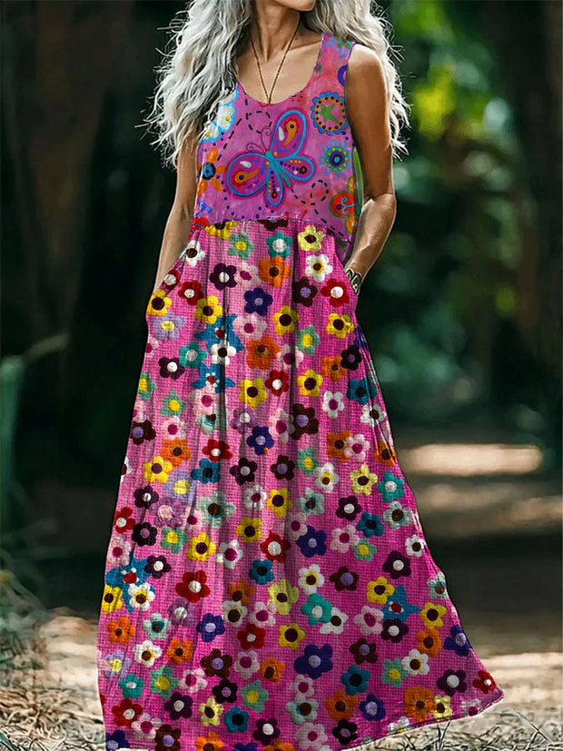 Vintage Round Neck Bohemian Ethnic Floral Print Elegant Chic Sleeveless Loose Midi Dress