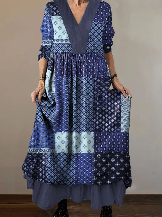 Women`s Japanese Style Boho Print Cotton and Linen V-neck Midi Dress