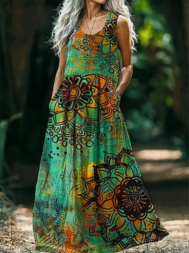 Vintage Round Neck Bohemian Ethnic Floral Print Elegant Chic Sleeveless Loose Midi Dress