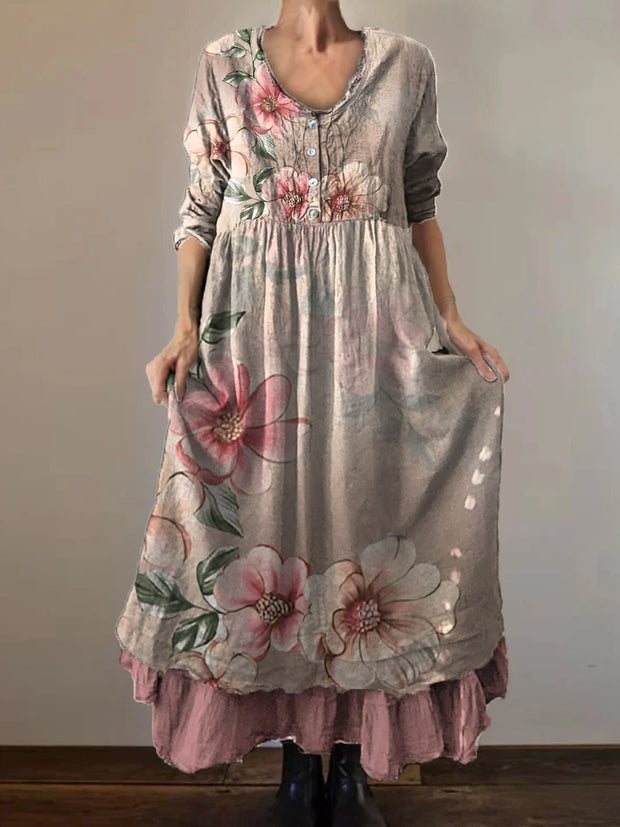 Vintage Round Neck Bohemian Floral Print Elegant Chic Loose Midi Dress