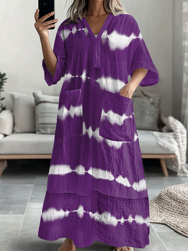 Women's Vintage Stripes Print Casual V-Neck Midi Sleeve Midi Dress