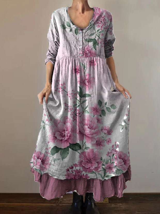 Vintage Round Neck Bohemian Floral Print Elegant Chic Loose Midi Dress