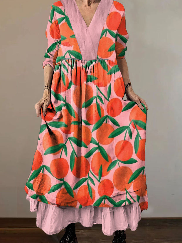 Women`s Abstract Hippie Persimmon Print Cotton and Linen V-neck Midi Dress