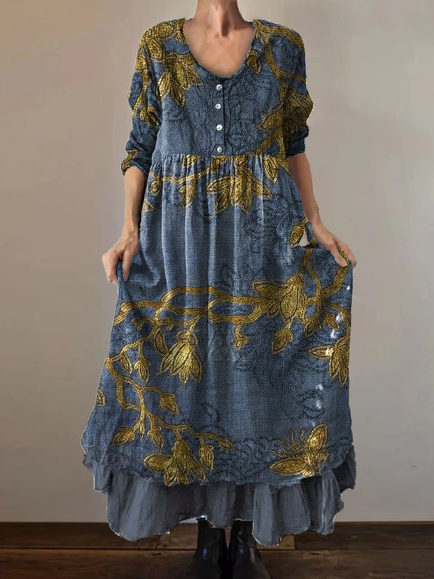 Vintage Round Neck Bohemian Floral Print Elegant Chic Loose Midi Dress