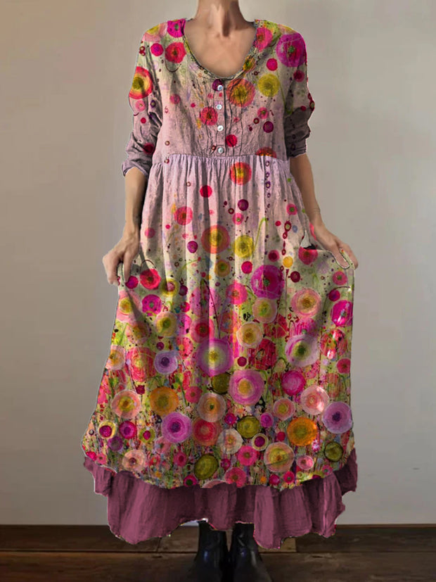 Vintage Round Neck Bohemian Floral Print Elegant Chic Loose Midi Dress