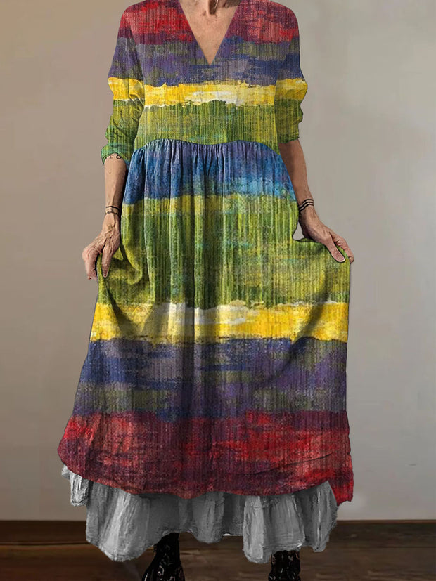 Women`s Hippie Color Stripes Print Cotton and Linen V-neck Midi Dress