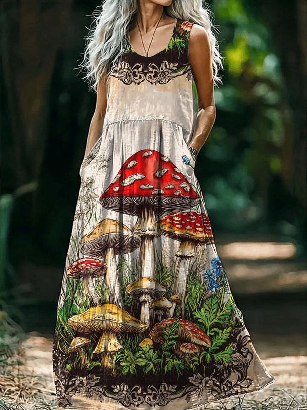 Vintage V-neck Bohemian Mushroom Floral Print Elegant Chic Loose Midi Dress