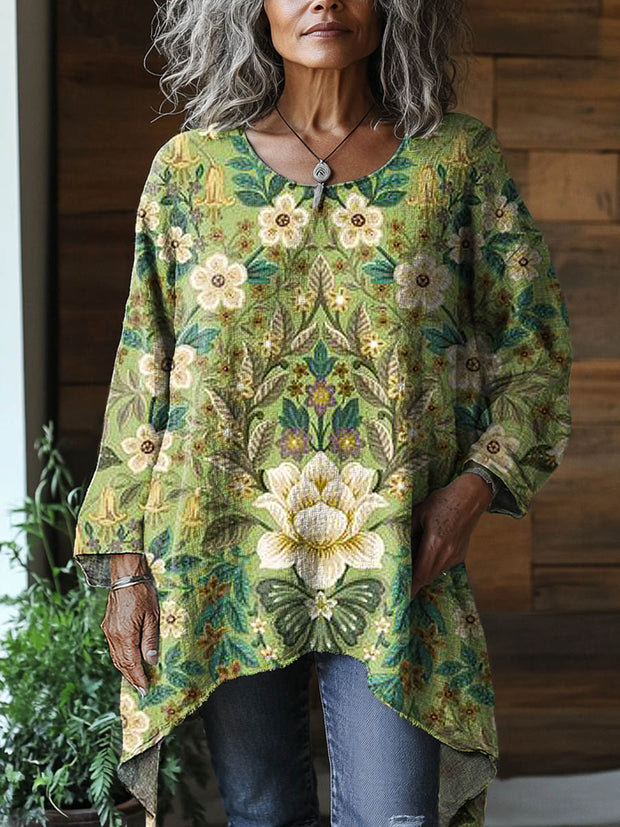 Vintage Crew Neck Bohemian Floral Art Print Elegant Cotton Top