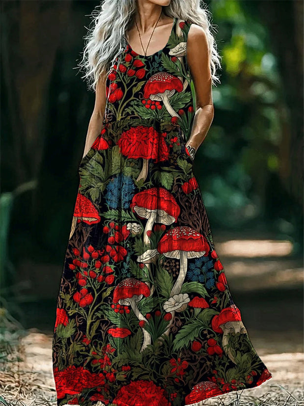 Vintage V-neck Bohemian Mushroom Floral Print Elegant Chic Loose Midi Dress